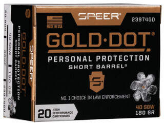 Speer Gold Dot 180gr Hollow Point .40 S&W Ammunition features nickel plated brass cased bullets in a box of 20